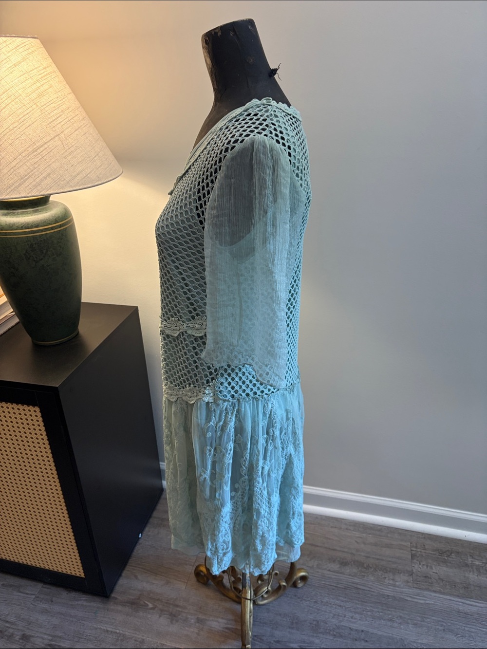 Pretty Angel 53% Silk Forest Fairycore Ethereal Mint Lace & Mesh Mini Dress SM - Picture 4 of 13